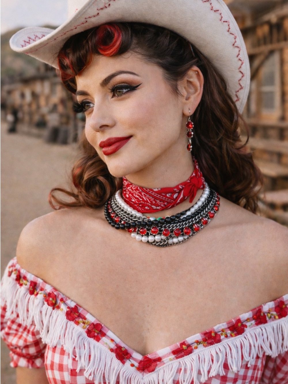 Silver Multi Strand Chain Pearl Red Rhinestone Statement Choker Necklace